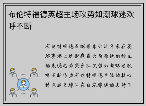 布伦特福德英超主场攻势如潮球迷欢呼不断 布伦特福德英超主场攻势如潮球迷欢呼不断